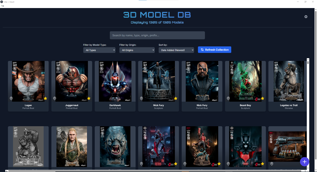3D Model DB showing a searchable grid of 3D models
