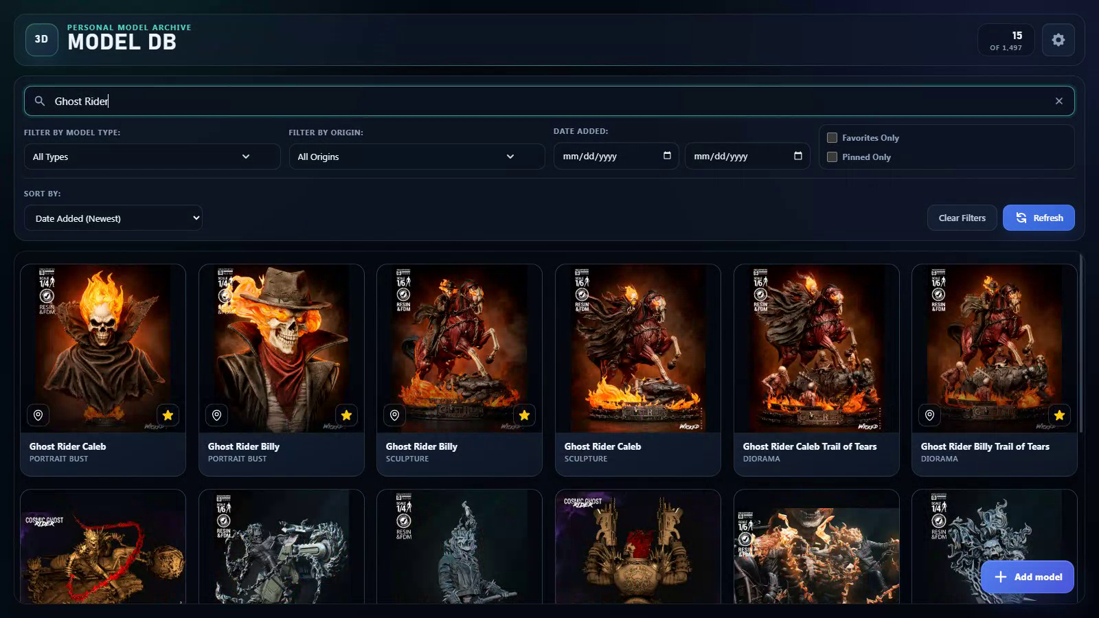 Search results for Ghost Rider with model type, origin, favorites, and pinned filters